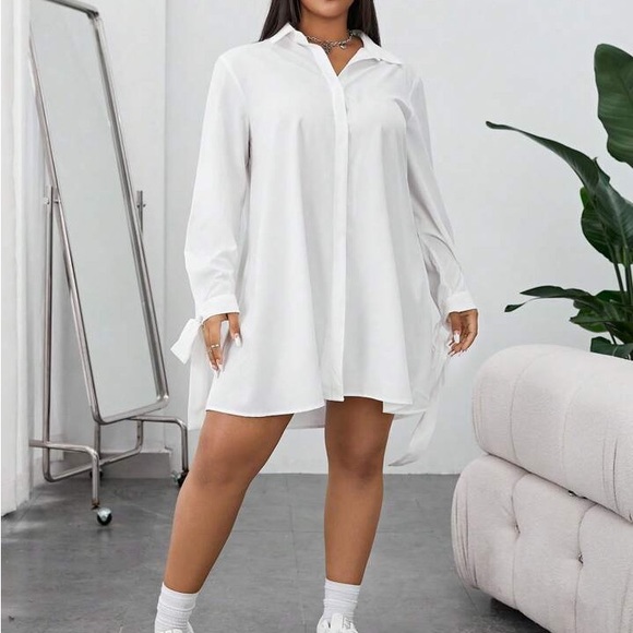 Classic elegant Plus Size Tie knot Long Sleeve Button Down Shirt Dress White - Picture 5 of 9